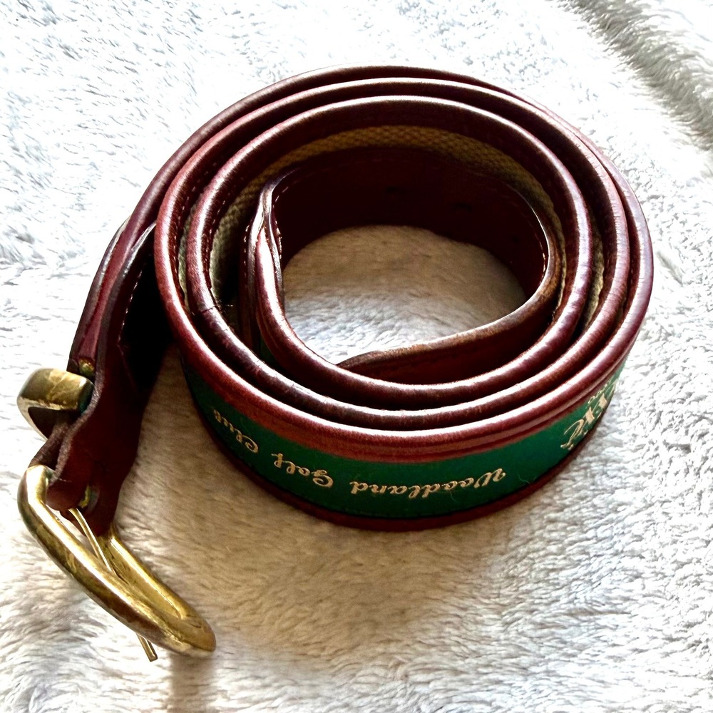 YRI Belt Mens 42 Green Woodland Golf Club 1896 Leather Canvas Brass Preppy